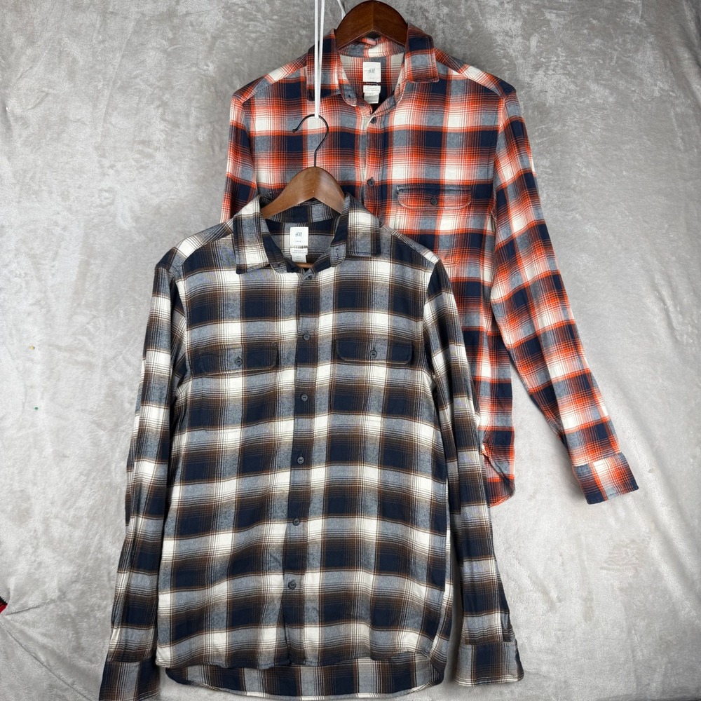 H&M LOGG Mens Plaid Flannel Shirt 2 Pack Orange Brown Regular Fit Small Bundle
